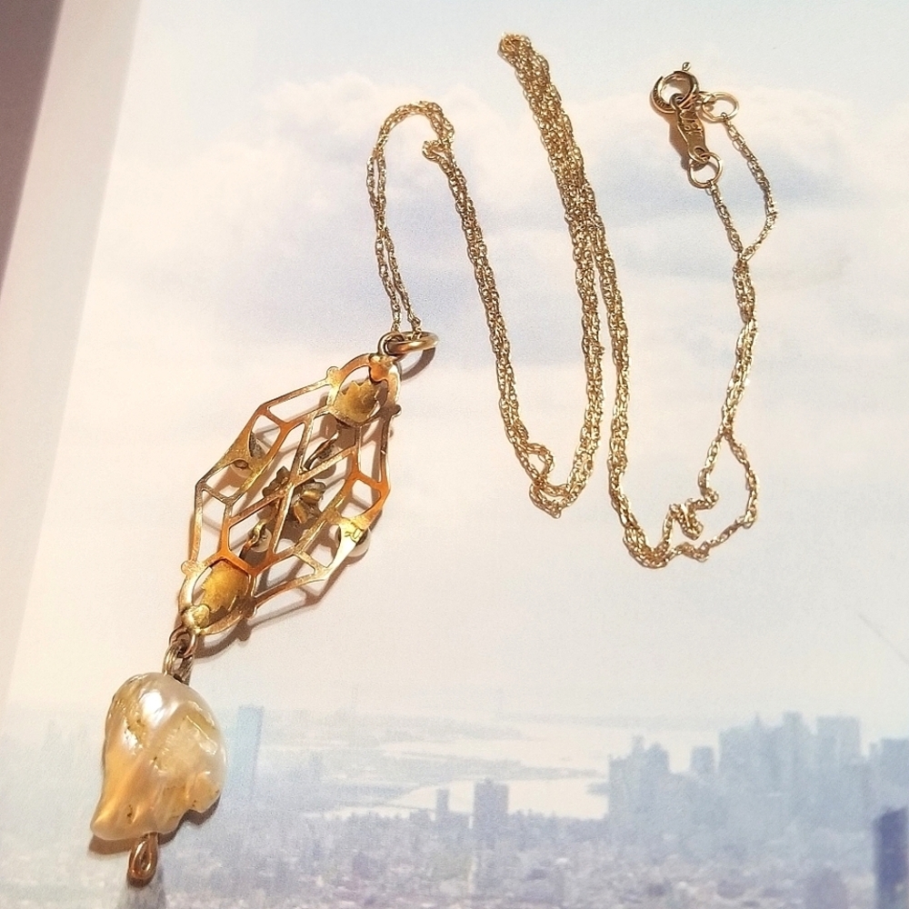 ANTQ SOLID 10KT Gold Seed Pearl Lavaliere Necklace - Picture 6 of 8